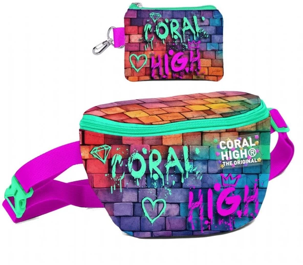 Coral High Erkek Çocuk Pembe Lacivert Grafiti Desenli Bel Çantası ve Bozuk Para Cüzdanı Set