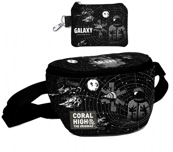 Coral High Erkek Çocuk Siyah Galaxy Desenli Bel Çantası ve Bozuk Para Cüzdanı Set