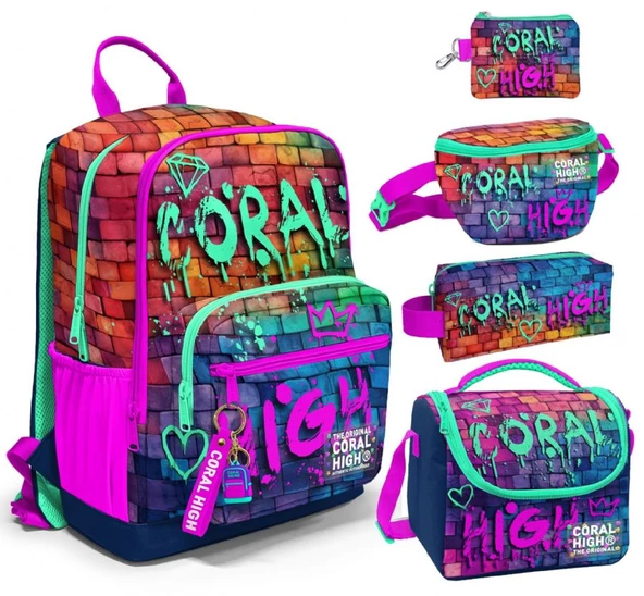 Coral High Beşli İlkokul/Ortaokul Çanta Seti - Pembe Lacivert Grafiti - Erkek Çocuk
