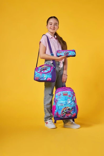 Coral High Kids Pembe Mor Kaplumbağa Desenli 3'lü Okul Çanta Seti SET0123756 - Resim 2