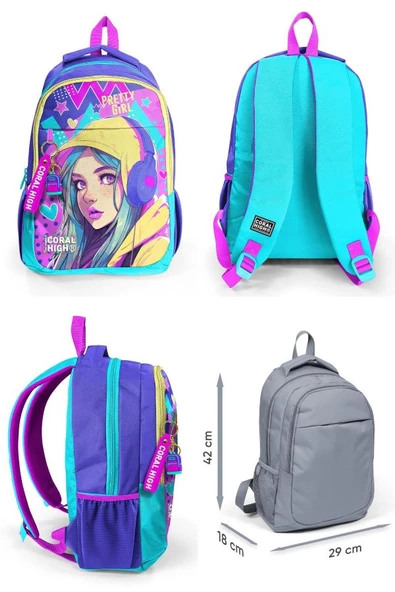 Coral High Lavanta Turkuaz Kulaklıklı Kız Desenli Kız Çocuk Dörtlü Okul Çanta Seti - İlkokul ve Ortaokul İçin Uygun - Resim 2