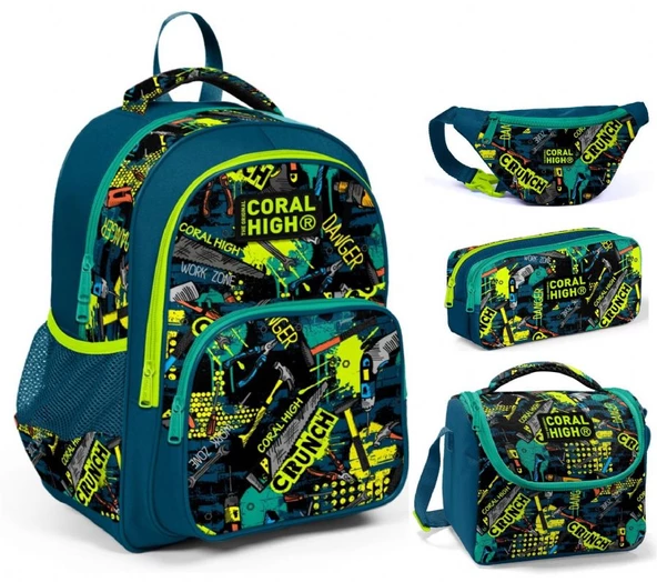 Coral High Yeşil El Aletleri Erkek Çocuk Üçlü Okul Çantası ve Bel Çantası Seti ürün görseli