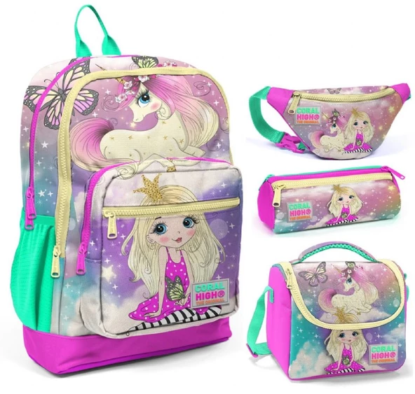 Coral High Su Yeşili Unicorn Üçlü Okul Çantası ve Bel Çantası Seti ürün görseli