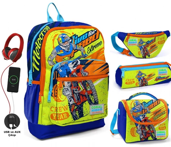 Coral High Sarı Mavi Motorsiklet USB Soketli Okul Çanta Seti ve Bel Çantası - Erkek Çocuk ürün görseli