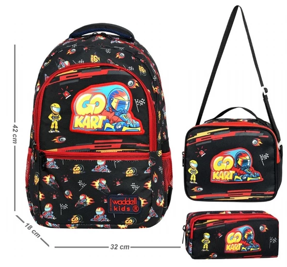 Waddellbag Siyah Kırmızı Go Kart Erkek Çocuk Üçlü İlkokul Çanta Seti - 2