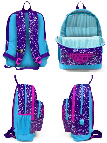 Coral High Mor Mavi Kalp USB Soketli Okul Çanta Seti ve Bel Çantası - Kız Çocuk - Resim 2