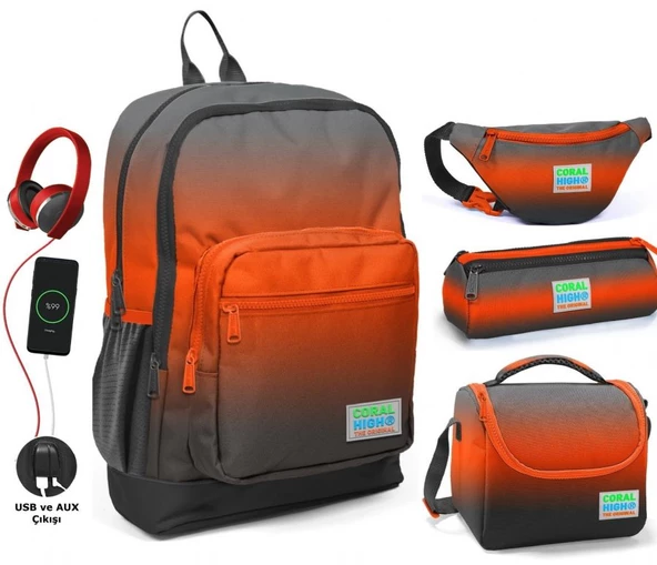 Coral High Siyah Turuncu Gradyan USB Soketli Okul Çanta Seti ve Bel Çantası - Erkek Çocuk ürün görseli