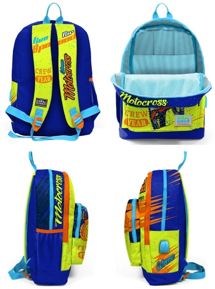 Coral High Sarı Mavi Motorsiklet USB Soketli Okul Çanta Seti ve Bel Çantası - Erkek Çocuk - Resim 2