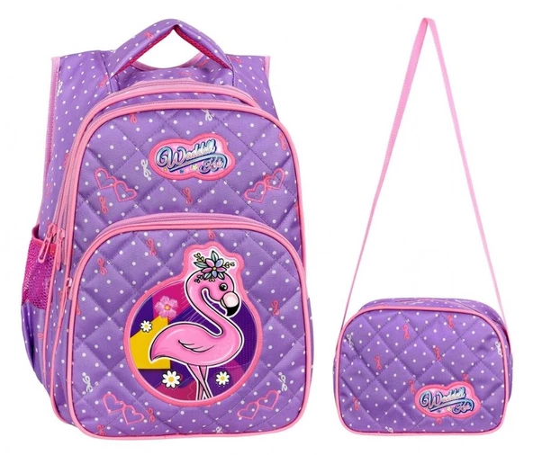 Waddell Lila Flamingo Desenli Kız Çocuk İlköğretim Okul Sırt Çantası Ve Beslenme Çantası