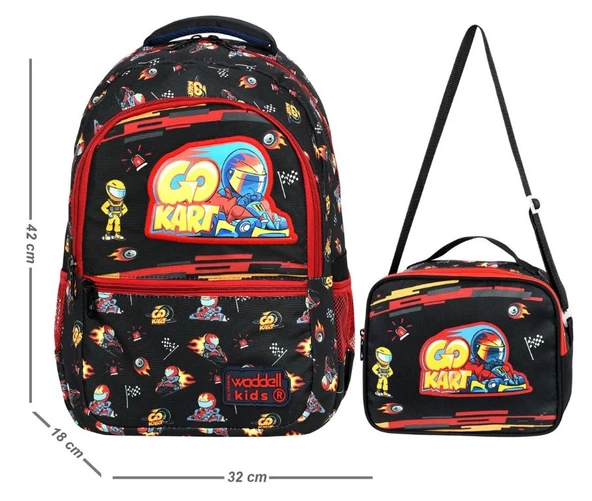 Waddell Go Kart Deri Nakış Desenli Erkek Çocuk İlkokul Sırt Çantası Ve Beslenme Çantası - Resim 2