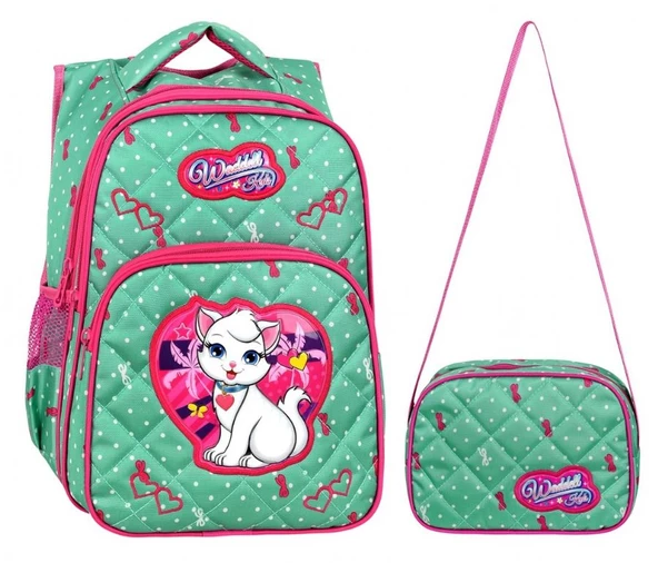 Waddell Mint Yeşili Kedi Desenli Kız Çocuk İlköğretim Okul Sırt Çantası Ve Beslenme Çantası ürün görseli