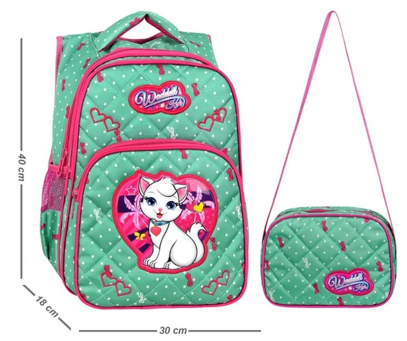 Waddell Mint Yeşili Kedi Desenli Kız Çocuk İlköğretim Okul Sırt Çantası Ve Beslenme Çantası - Resim 2