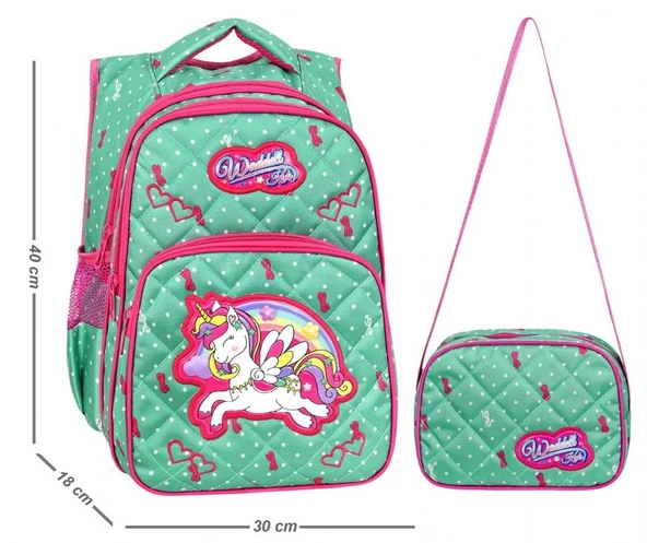 Waddell Mint Yeşili Unicorn Desenli Kız Çocuk İlköğretim Okul Sırt Çantası Ve Beslenme Çantası - Resim 2