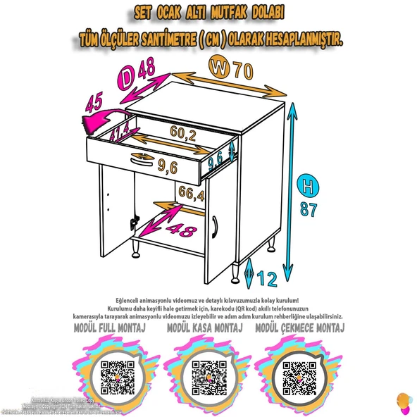 Modilayn BİRCE XL-70 x 87 x 48 cm Kapaklı Set Ocak Altı Çok Amaçlı Mutfak & Banyo Dolabı - 5