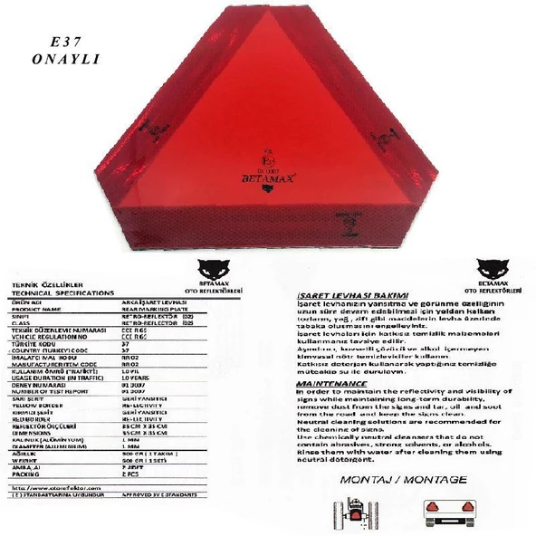 Traktör-Römork Üçgen Reflektör 2'Li Takım Ece R 70 E-37 Onaylı - 010007 - 2