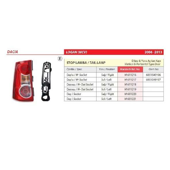 Dacia Logon (MCV) Duysuz Sol Arka Stop Lambası 2006-2013 - 2