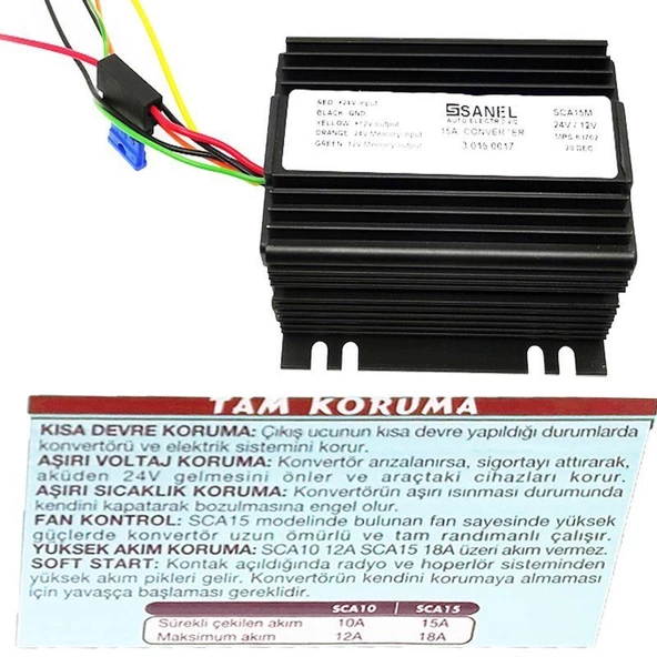 Sanel Konvertör 15 Amper 24V 12V Voltaj Düşürücü Radyo Hafızalı SCA15M - 4