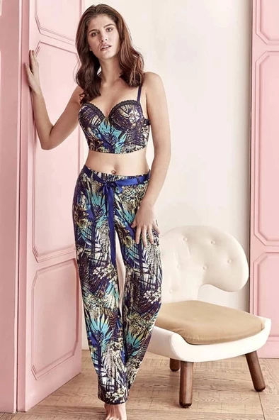 pilelistore Lacivert Floral Desenli Büstiyerli Pijama Takımı 4152