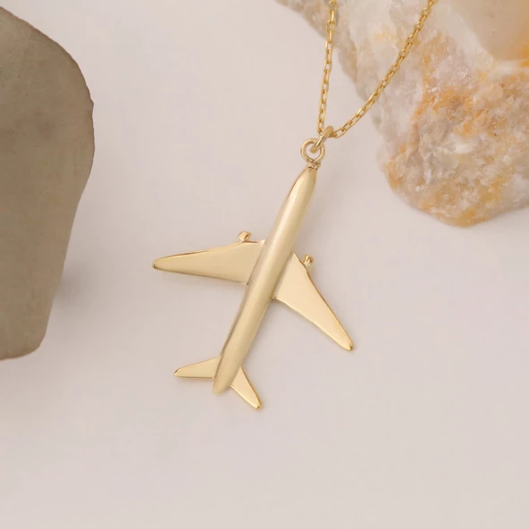 14 Ayar Mikron Altın Kaplama Uçak Tasarım Gümüş Kolye - CN00301 - Resim 5