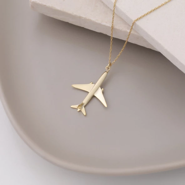 14 Ayar Mikron Altın Kaplama Uçak Tasarım Gümüş Kolye - CN00301 - Resim 2