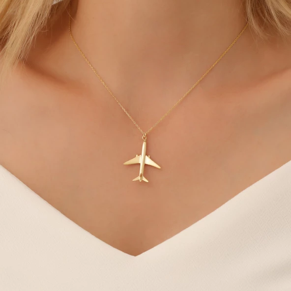 14 Ayar Mikron Altın Kaplama Uçak Tasarım Gümüş Kolye - CN00301 - Resim 3