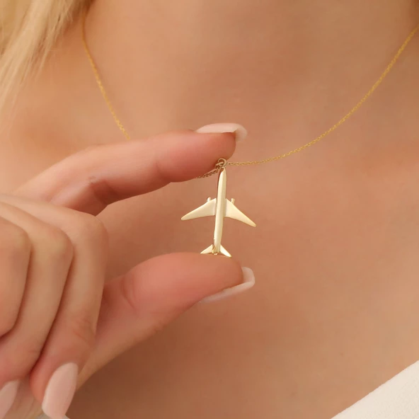 14 Ayar Mikron Altın Kaplama Uçak Tasarım Gümüş Kolye - CN00301 ürün görseli 1