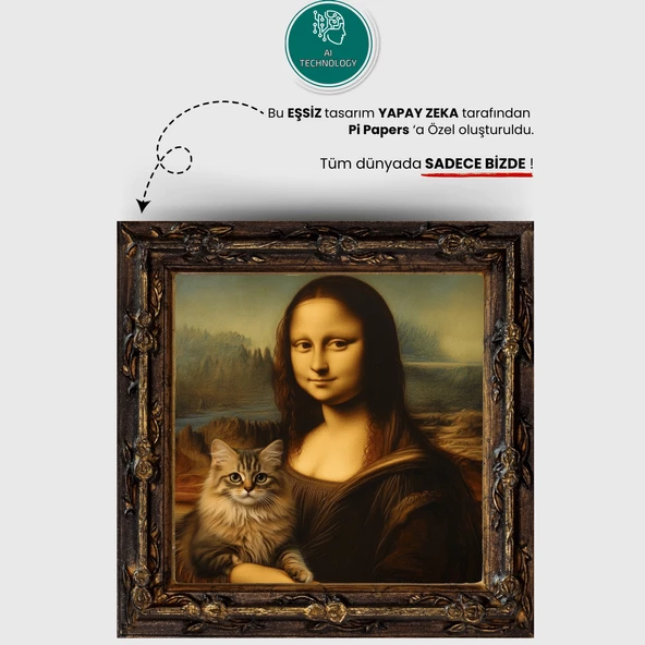 Mona Lisa & Kedi Posteri, Yapışkansız Tutunan Premium Baskı Statik Kağıt Poster, Yapay Zeka Tasarım - 2