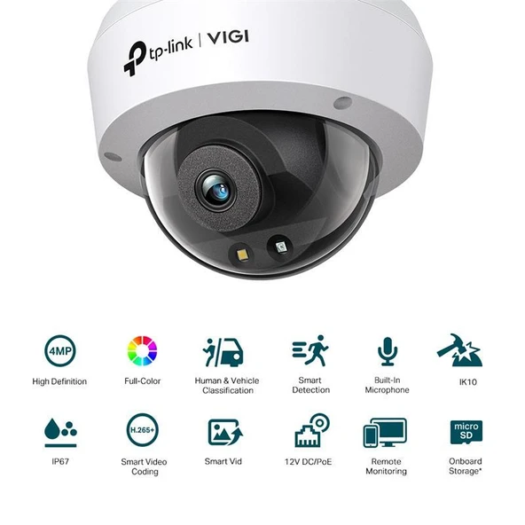 TP-Link VIGI C240(2.8mm) 4MP Full-Color Dome IP Kamera 1/3",30fps,FHD,H265+,PoE - Resim 2