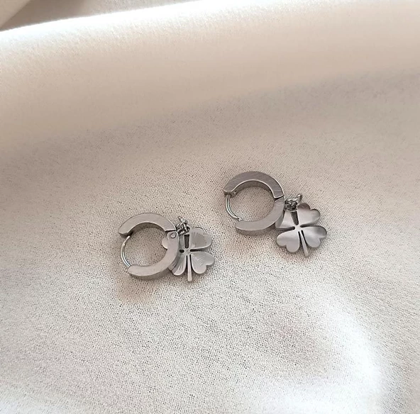 Küpe Kararmaz Çelik 316L Lüks Küpe Yonca Renk Gri Taşlı Küpe - 4