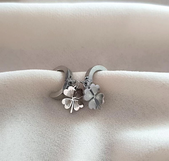 Küpe Kararmaz Çelik 316L Lüks Küpe Yonca Renk Gri Taşlı Küpe - 3