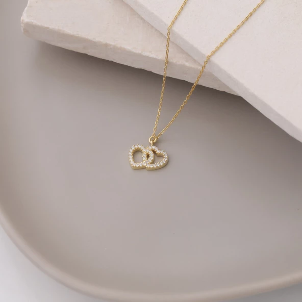 925 Ayar Gümüş Çift Kalp Zirkon Taşlı Kolye - Resim 3