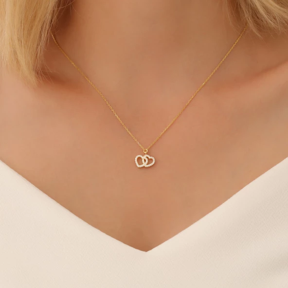 925 Ayar Gümüş Çift Kalp Zirkon Taşlı Kolye - Resim 4