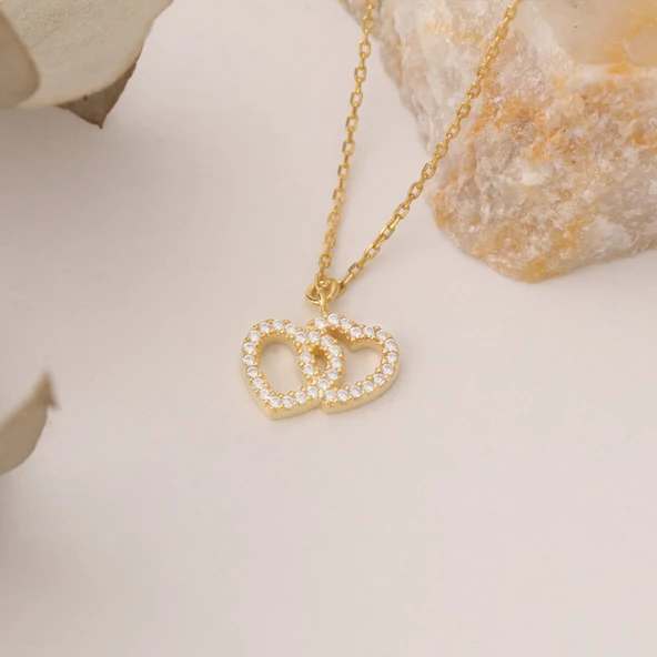 925 Ayar Gümüş Çift Kalp Zirkon Taşlı Kolye - Resim 5