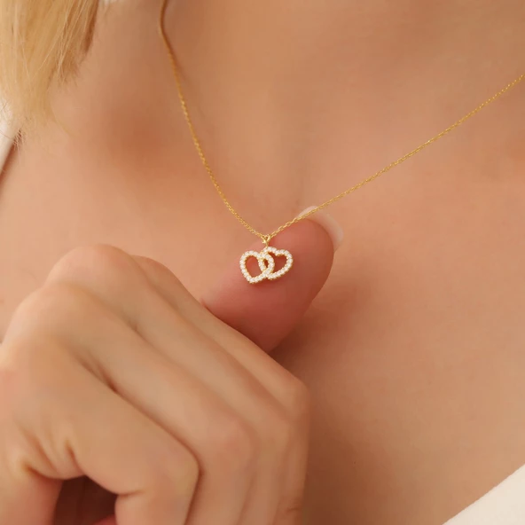 925 Ayar Gümüş Çift Kalp Zirkon Taşlı Kolye - Resim 2