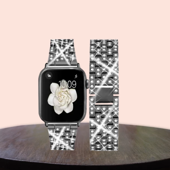 Apple Watch Uyumlu 38/40/41 Mm  Diamond Metal Kordon SİYAH