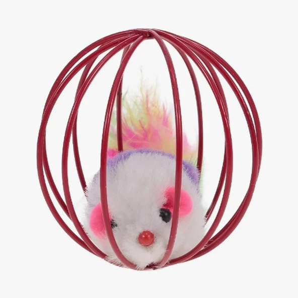 Oyun Topu 6cm Renkli Metal Kafesli Peluş Fareli Kedi Köpek Oyuncağı - 2