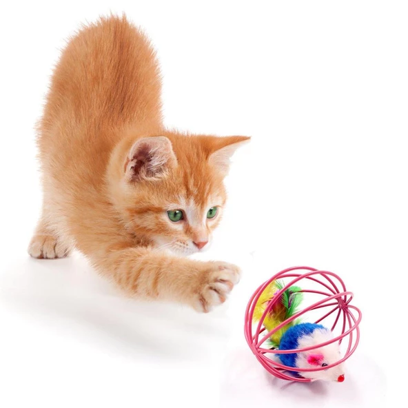 Oyun Topu 6cm Renkli Metal Kafesli Peluş Fareli Kedi Köpek Oyuncağı - 4