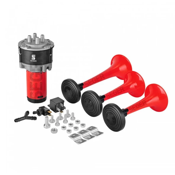 SEGER-80Kh Kompresörlü Korna 24V, Kırmızı Renkli Plastik Borulu, Melodili - 2