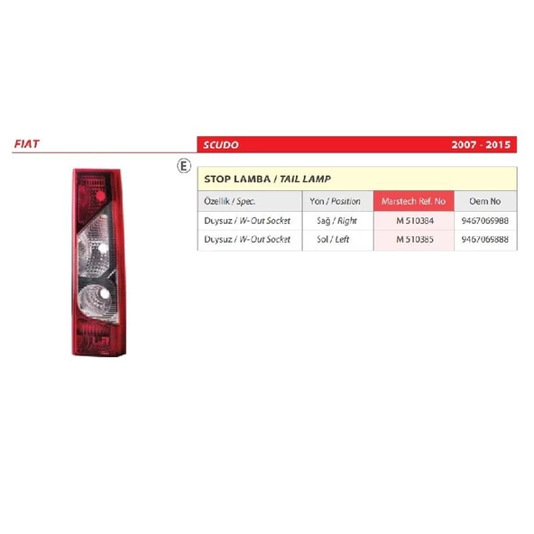Fiat Scudo Sol Arka Stop Lambası Duysuz 2007-2015 -9467069888 - 2