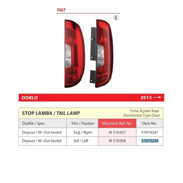 Fiat Doblo Sağ Arka Stop Lambası Duysuz (Yanal Açılan Kapı) 2015 > -51974247 - 3