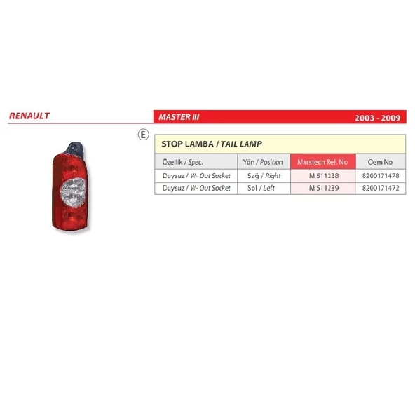 Renault Master III Duysuz Sağ Arka Stop Lambası 2003-2009 -8200171478 - 2