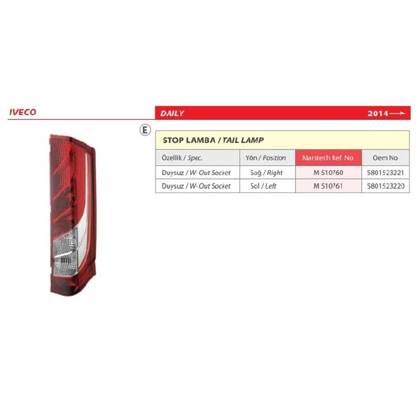 İveco Daily Duysuz Sağ Stop Lambası 2014> -5801523221 - 2