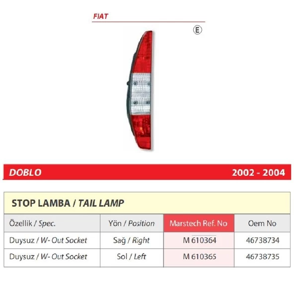 Fiat Doblo Sol Arka Duysuz Stop Lambası 2002-2004 -46738735 - 2