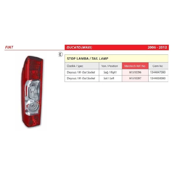Fiat Ducato (Maxi) Sol Arka Stop Lambası 2006-2012 -1344050080 - 2