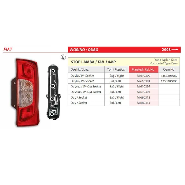 Fiat Fiorino Sağ Arka Duysuz Stop Lambası (Yana Açılır Kapı) 2008> - 2