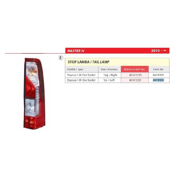 Renault Master IV Duysuz Sol Arka Stop Lambası 2010> -4419378 - 2