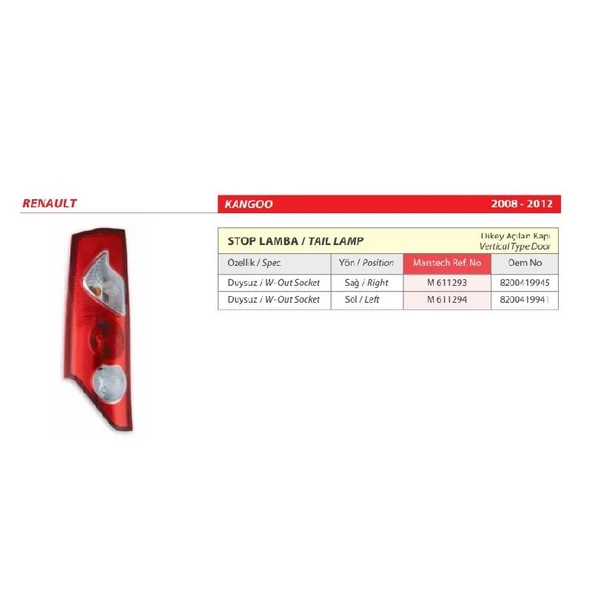 Renault Kango Duysuz Sağ Arka Stop lambası 2008-2012 -8200419945 - 2