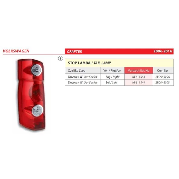 Volkswagen Crafter Sağ Stop Lambası 2006-2016 -2E0945096 - 2
