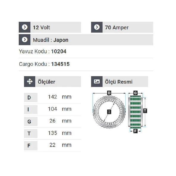 NURSAN 140012 Statör 12V 70A Isuzu Wfr Panelvan Minibüs 93 Model - Resim 2