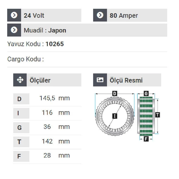 NURSAN 151124 Statör 24V 80A Isuzu Shampion Turkuaz 31 Y.M 2003-04-05-06 - 2